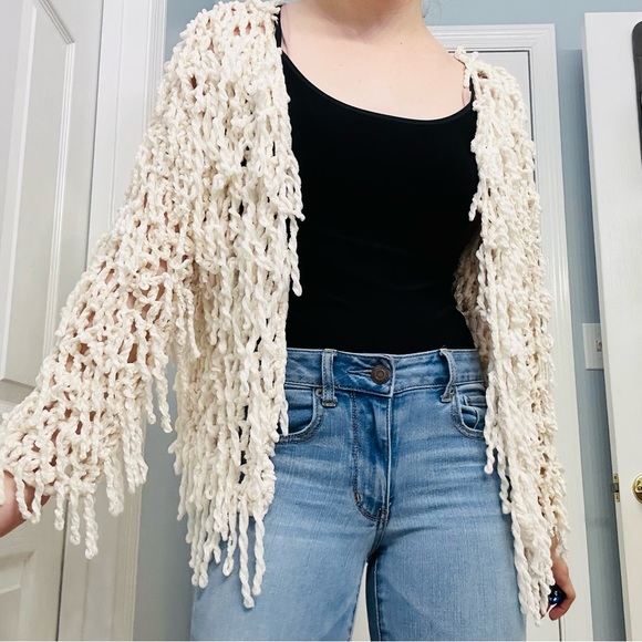 POL Sweaters - POL Cardigan Sweater Fringe Cream White Boho 70s Tassel Retro Whimsigoth Medium